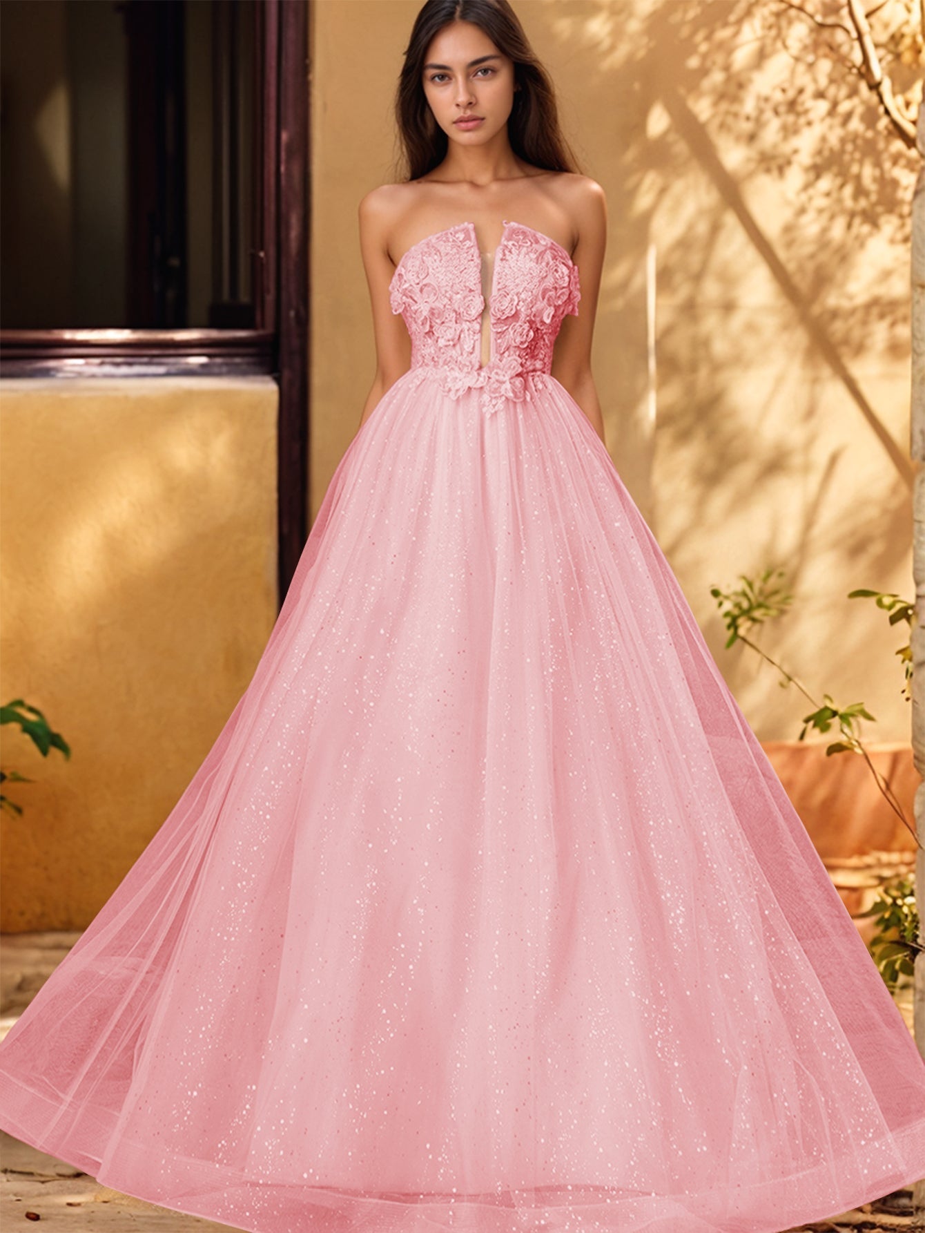 Vestido de gala de baile con escote pronunciado, encaje brillante y bordado de rosas en 3D