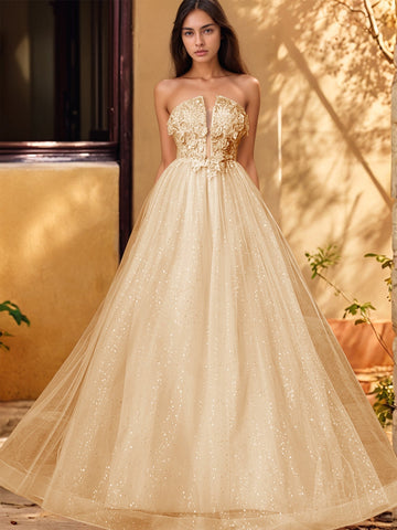 Vestido de gala de baile con escote pronunciado, encaje brillante y bordado de rosas en 3D