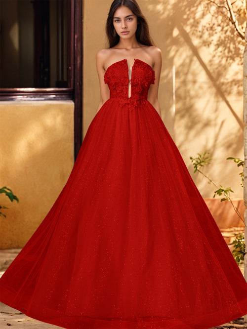 Robe de bal à décolleté plongeant en dentelle scintillante et broderie rose 3D