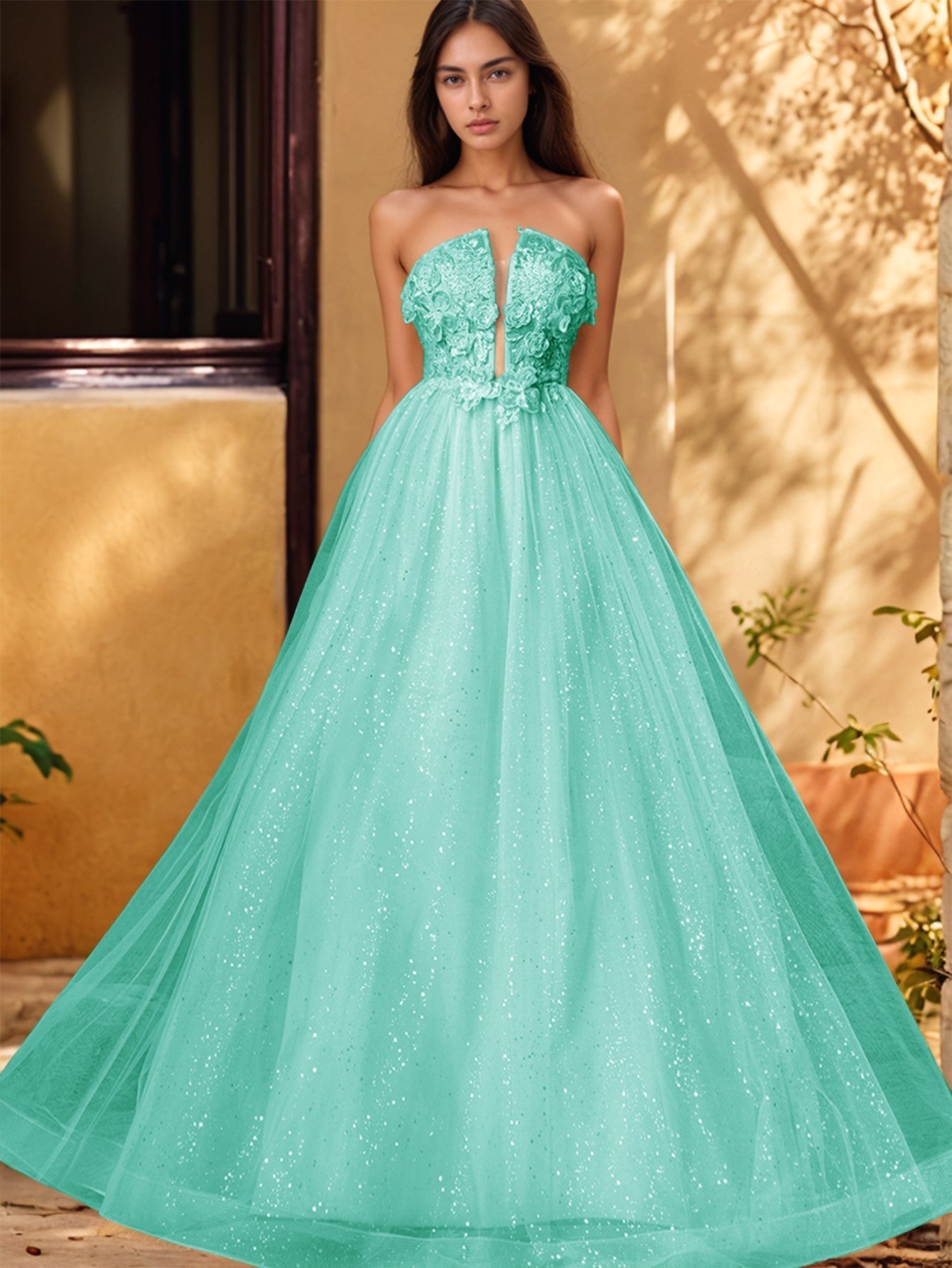 Vestido de gala de baile con escote pronunciado, encaje brillante y bordado de rosas en 3D