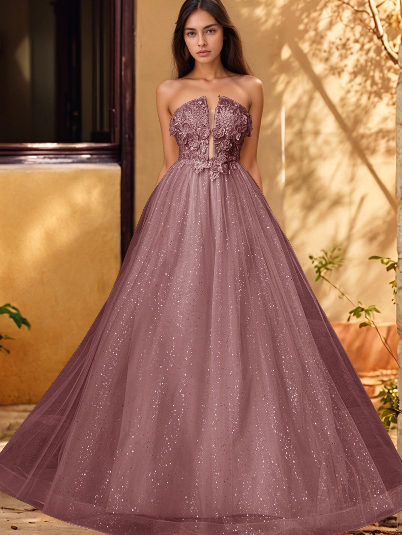Vestido de gala de baile con escote pronunciado, encaje brillante y bordado de rosas en 3D