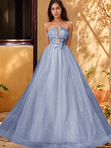 Vestido de gala de baile con escote pronunciado, encaje brillante y bordado de rosas en 3D