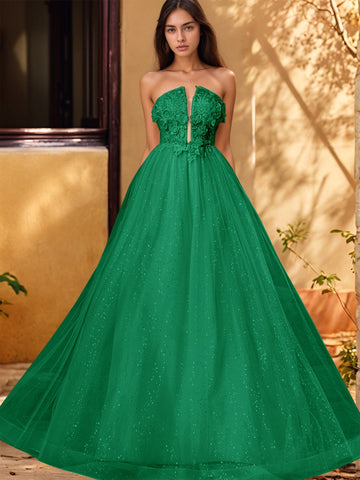 Vestido de gala de baile con escote pronunciado, encaje brillante y bordado de rosas en 3D