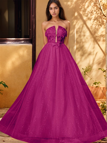 Vestido de gala de baile con escote pronunciado, encaje brillante y bordado de rosas en 3D