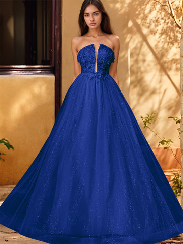 Vestido de gala de baile con escote pronunciado, encaje brillante y bordado de rosas en 3D