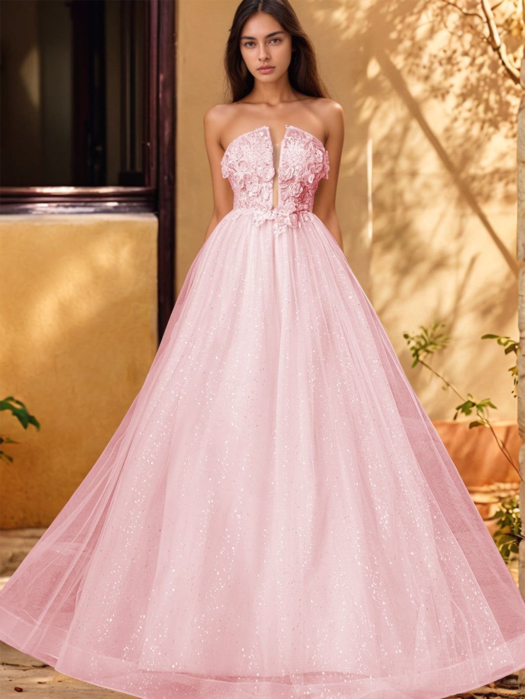 Vestido de gala de baile con escote pronunciado, encaje brillante y bordado de rosas en 3D