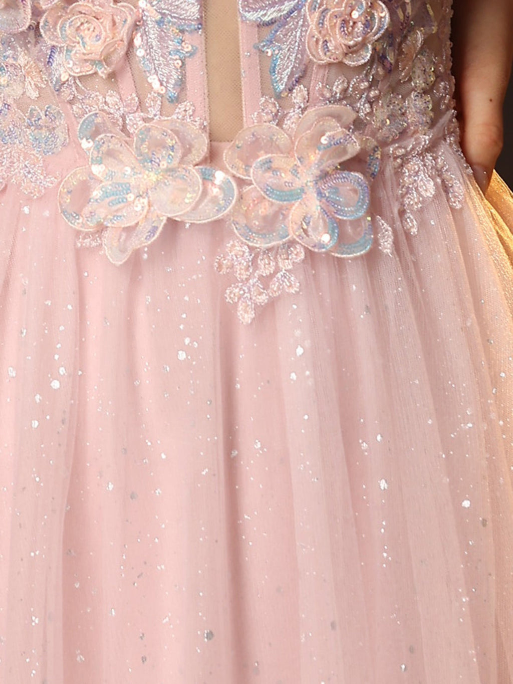 Vestido de gala de baile con escote pronunciado, encaje brillante y bordado de rosas en 3D