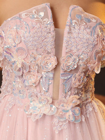 Vestido de gala de baile con escote pronunciado, encaje brillante y bordado de rosas en 3D