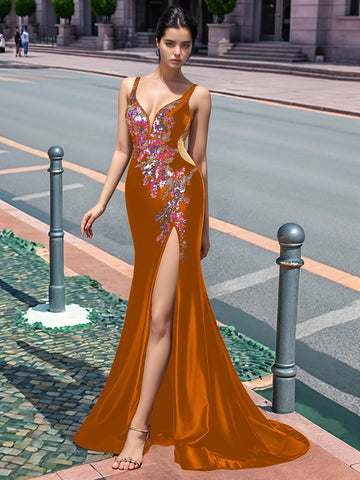 Sparkly Lace Cut Waist Split Long Prom Dress