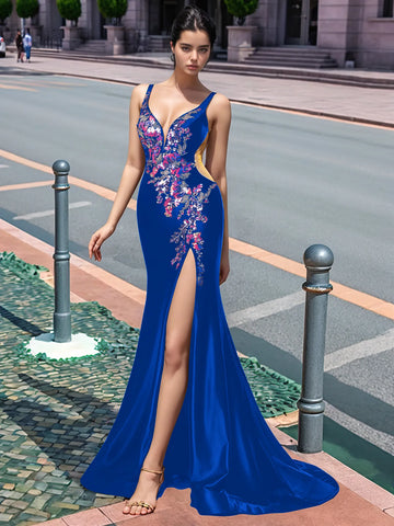 Sparkly Lace Cut Waist Split Long Prom Dress