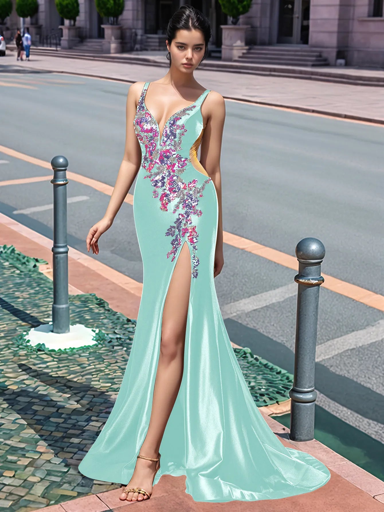 Sparkly Lace Cut Waist Split Long Prom Dress