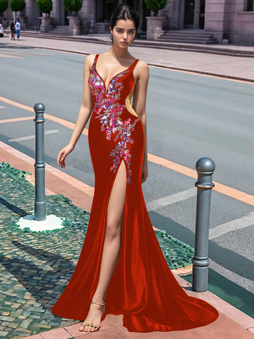 Sparkly Lace Cut Waist Split Long Prom Dress