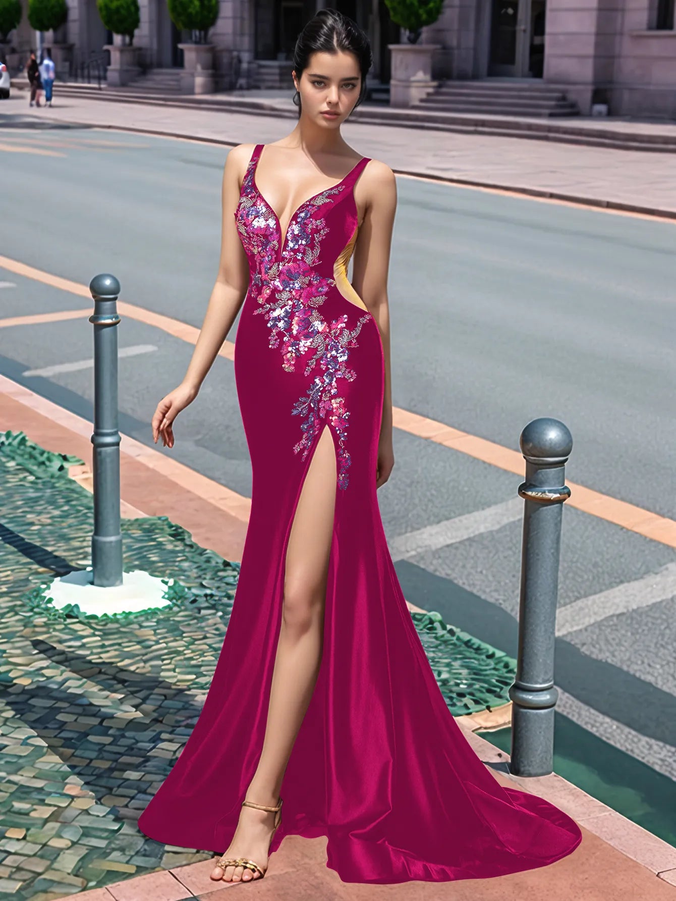 Sparkly Lace Cut Waist Split Long Prom Dress