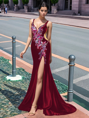 Sparkly Lace Cut Waist Split Long Prom Dress