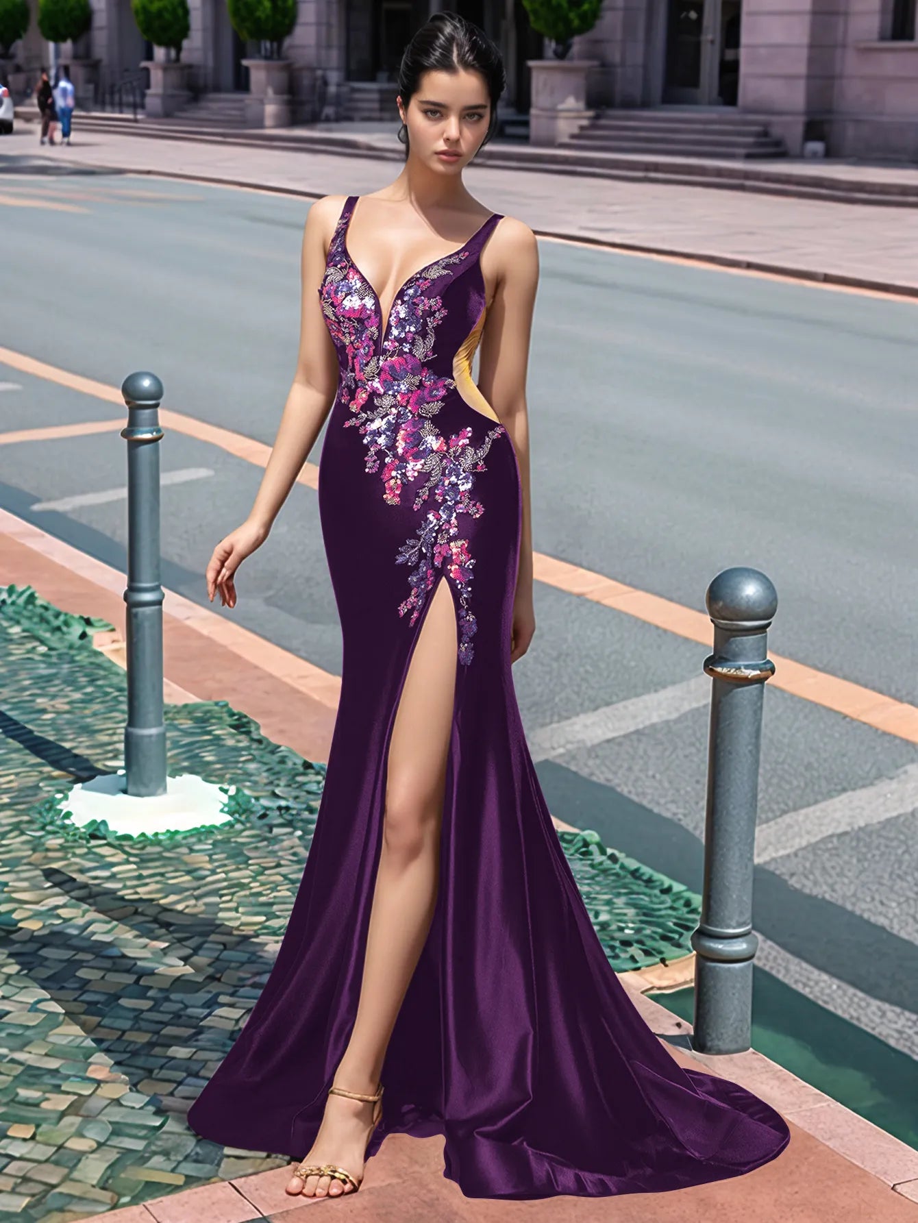 Sparkly Lace Cut Waist Split Long Prom Dress