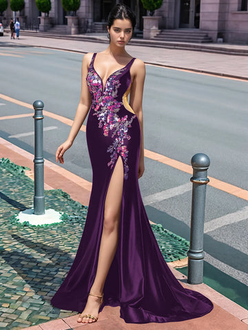 Sparkly Lace Cut Waist Split Long Prom Dress