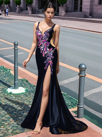 Sparkly Lace Cut Waist Split Long Prom Dress