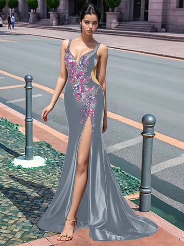 Sparkly Lace Cut Waist Split Long Prom Dress