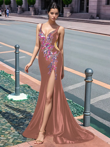 Sparkly Lace Cut Waist Split Long Prom Dress