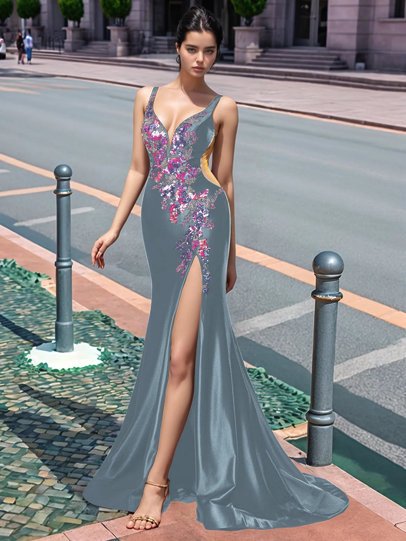 Sparkly Lace Cut Waist Split Long Prom Dress