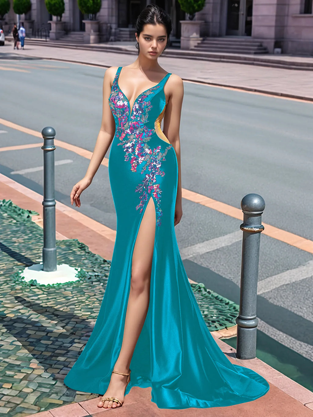Sparkly Lace Cut Waist Split Long Prom Dress