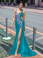 Sparkly Lace Cut Waist Split Long Prom Dress