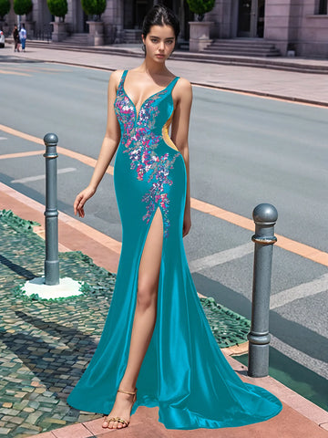 Sparkly Lace Cut Waist Split Long Prom Dress