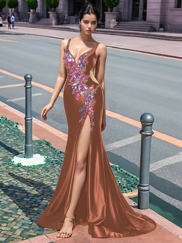 Sparkly Lace Cut Waist Split Long Prom Dress