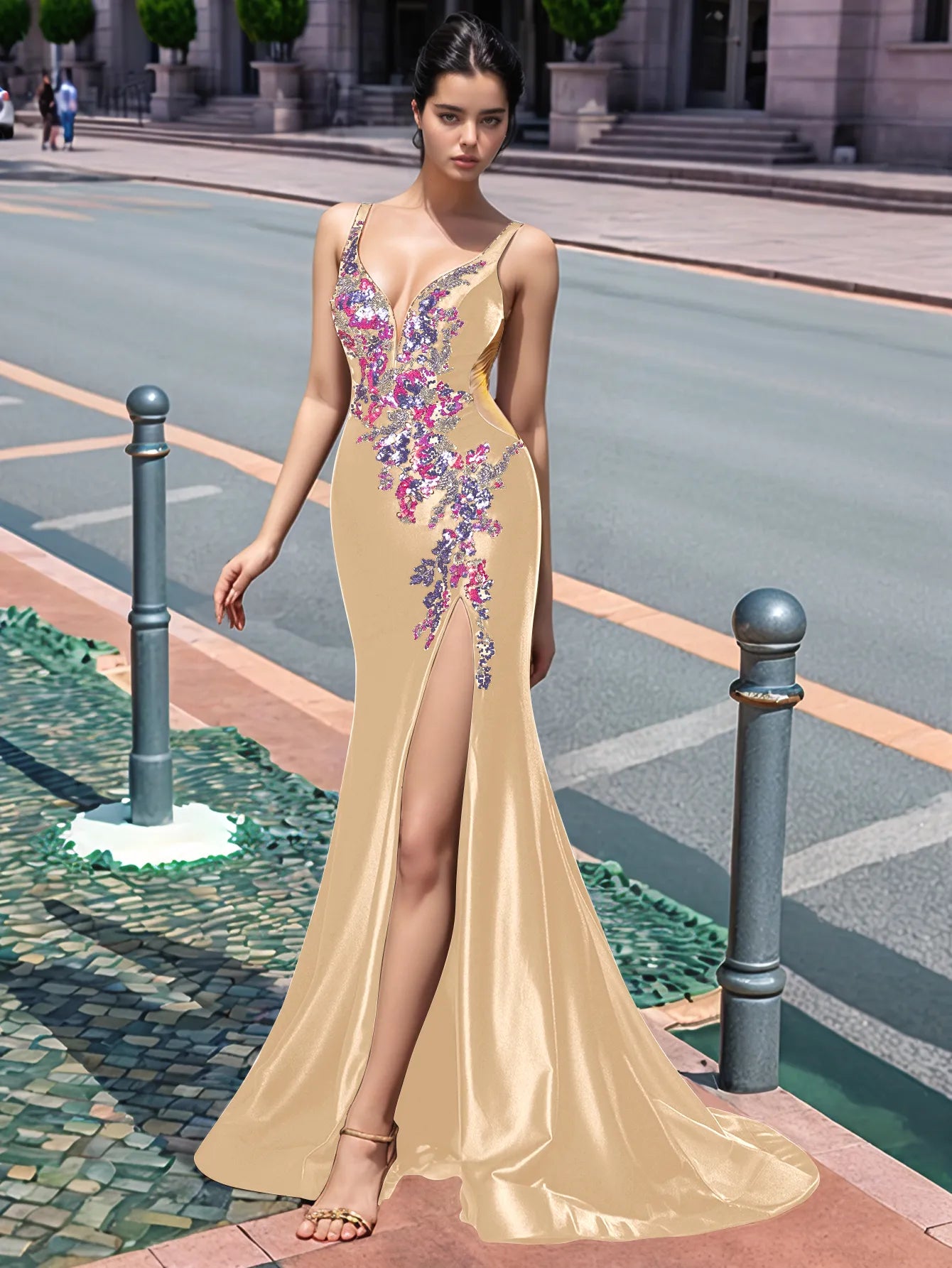 Sparkly Lace Cut Waist Split Long Prom Dress