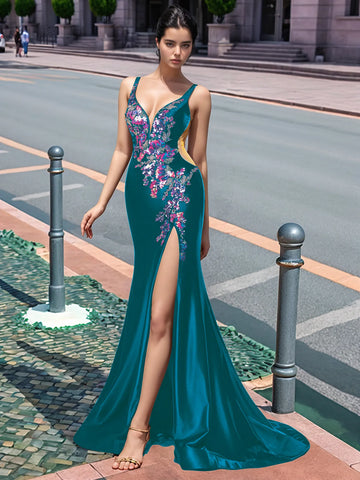 Sparkly Lace Cut Waist Split Long Prom Dress