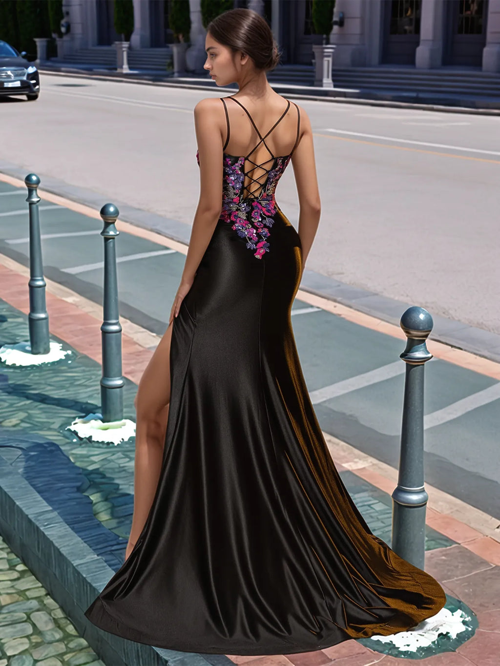 Sparkly Lace Cut Waist Split Long Prom Dress