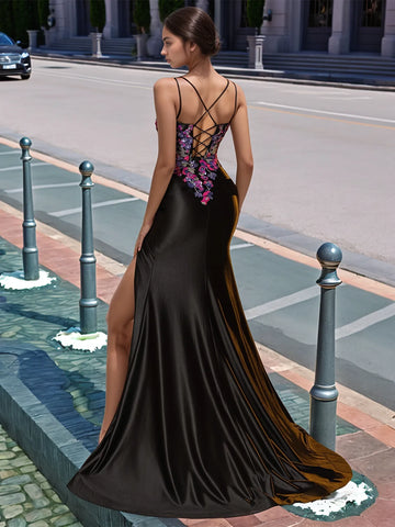 Sparkly Lace Cut Waist Split Long Prom Dress