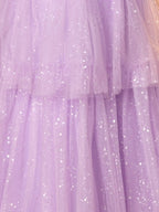 Robe de bal à épaules dénudées, broderie de dentelle scintillante et volants superposés