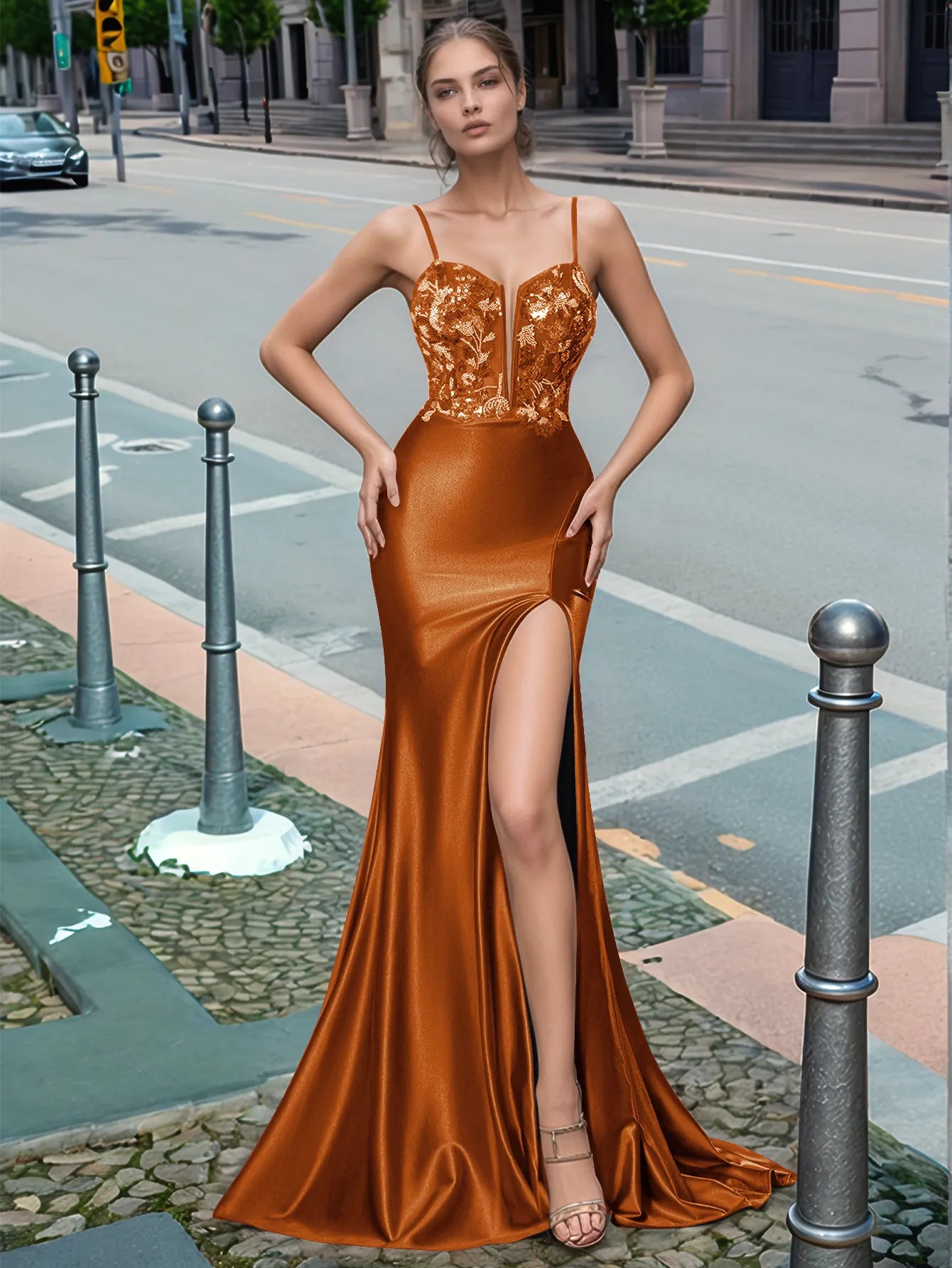 Sparkly Deep V-neck Prom Dress long with Slit