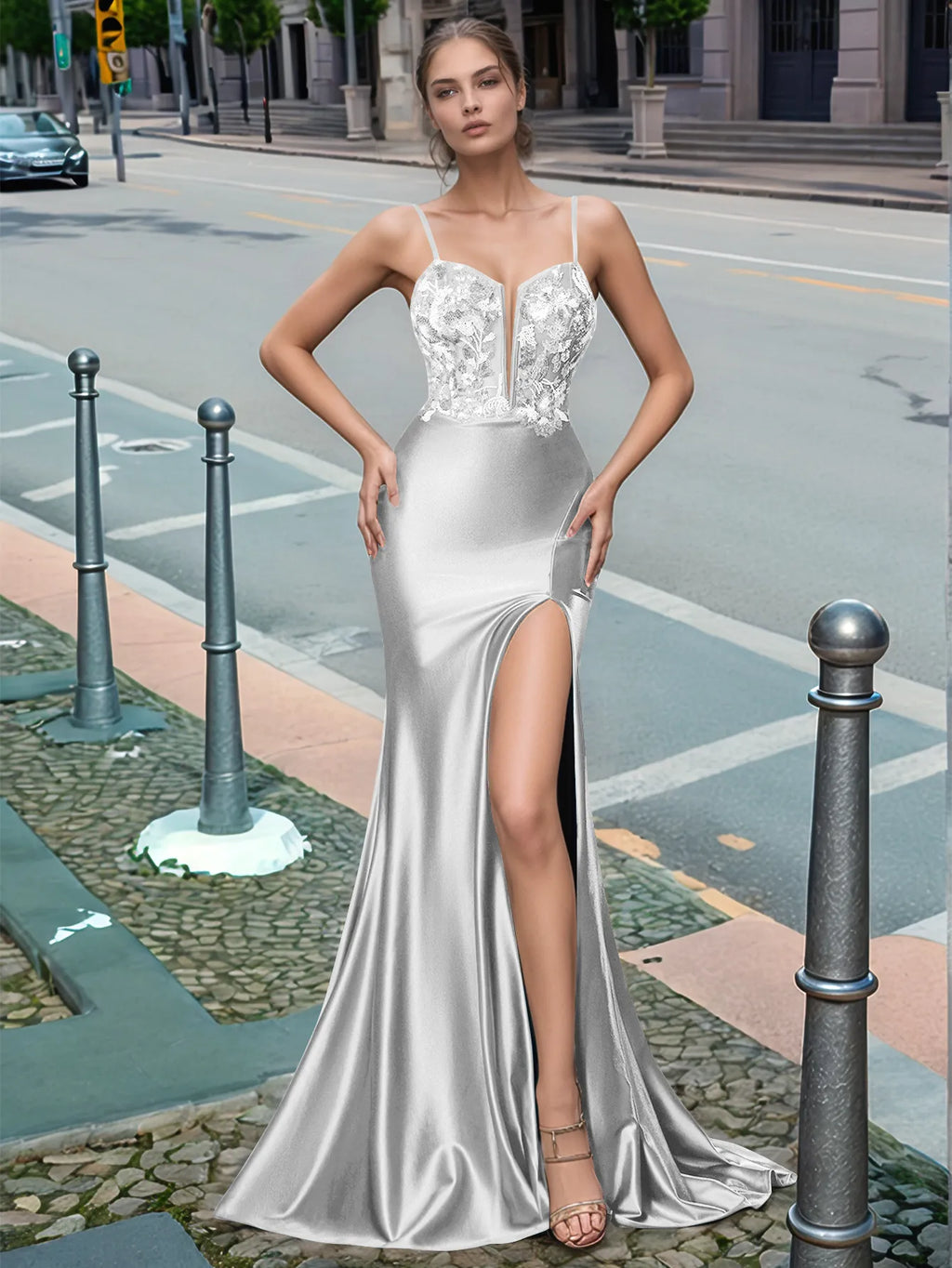 Sparkly Deep V-neck Prom Dress long with Slit