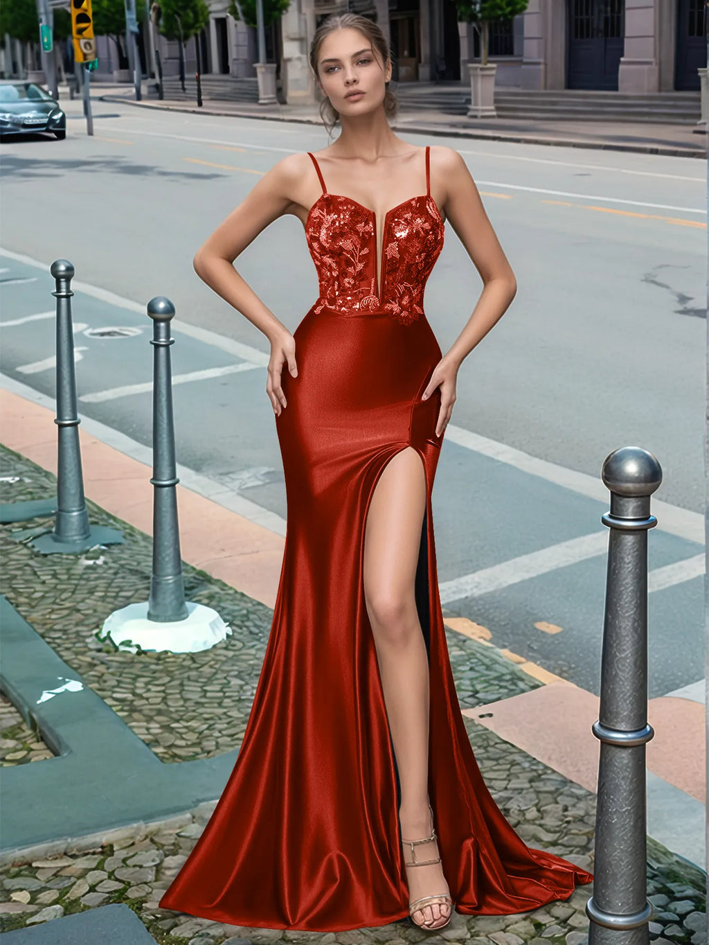 Sparkly Deep V-neck Prom Dress long with Slit