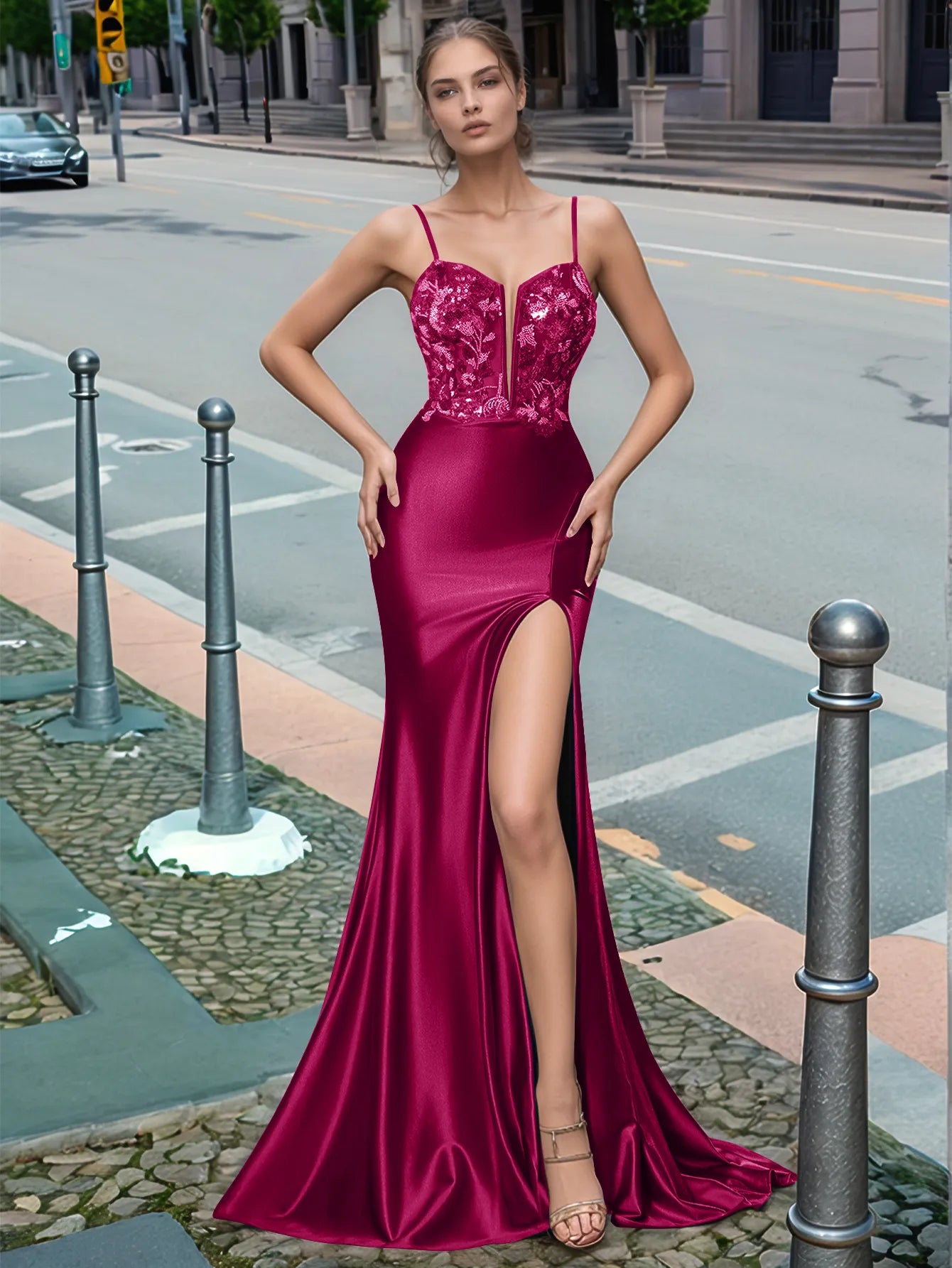 Sparkly Deep V-neck Prom Dress long with Slit