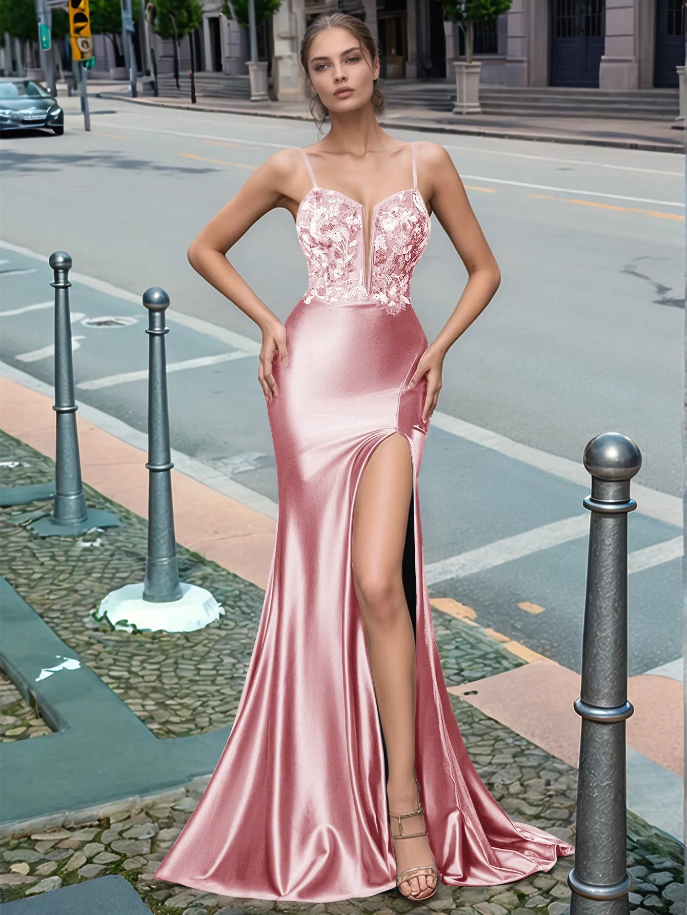 Sparkly Deep V-neck Prom Dress long with Slit