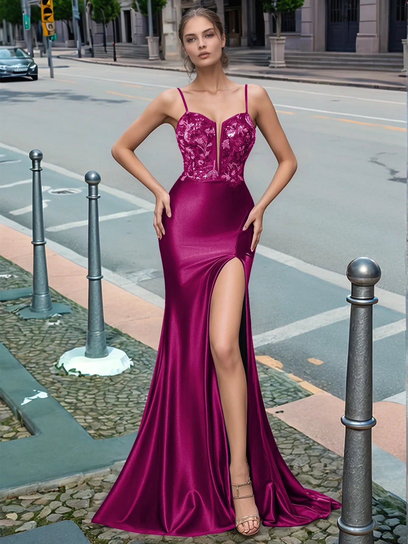 Sparkly Deep V-neck Prom Dress long with Slit