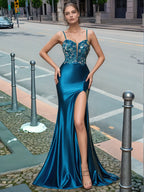 Sparkly Deep V-neck Prom Dress long with Slit