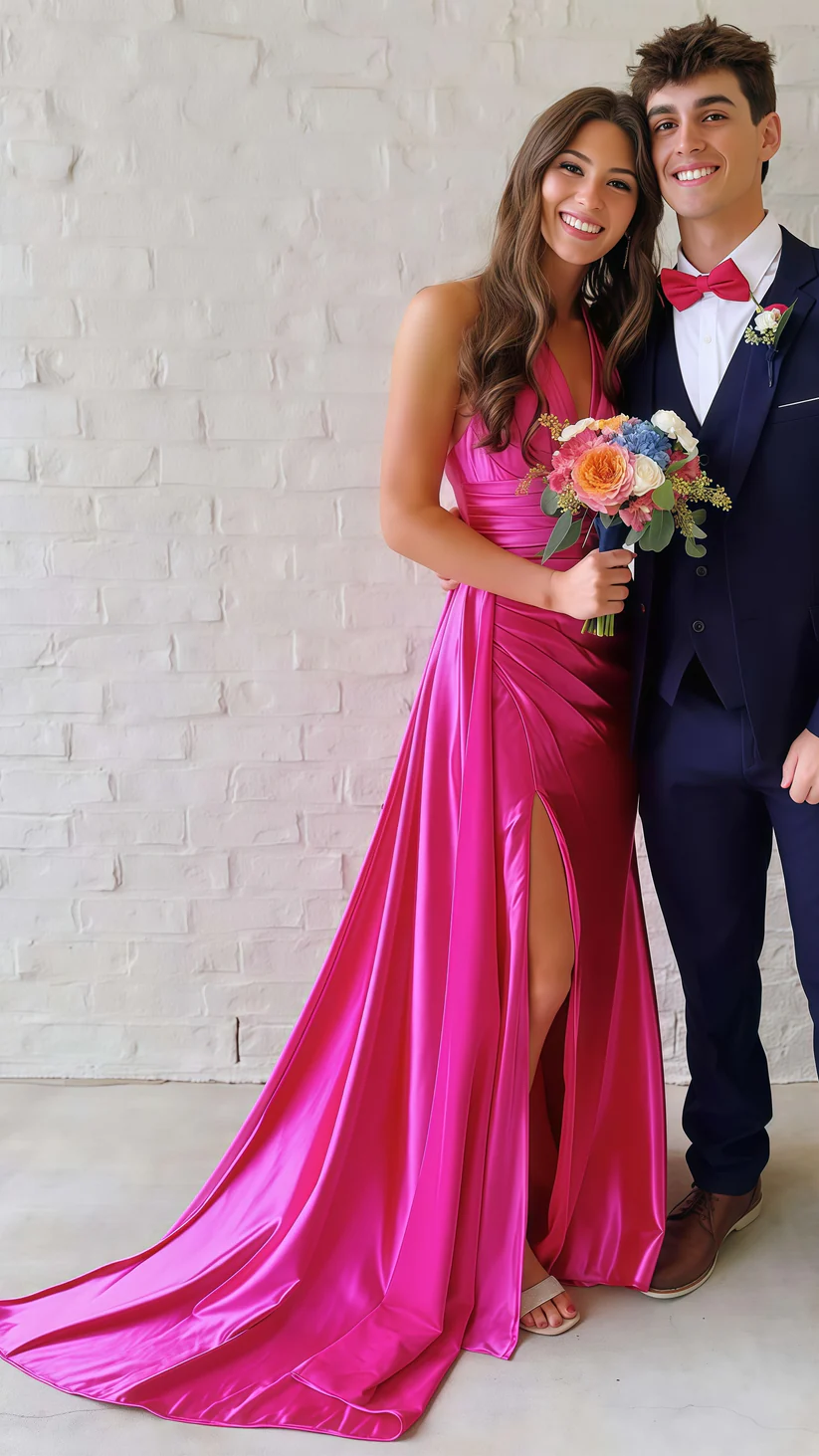 Vestido de fiesta verde ajustado con escote halter en V y fruncido, vestido de noche largo con abertura Y8022