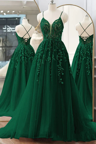 Robe de bal longue verte en dentelle florale à col V, robe de soirée formelle en tulle coupe A Y4251