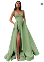 Robe de bal longue en satin à col en V fendu, bretelles spaghetti et poches S14431 