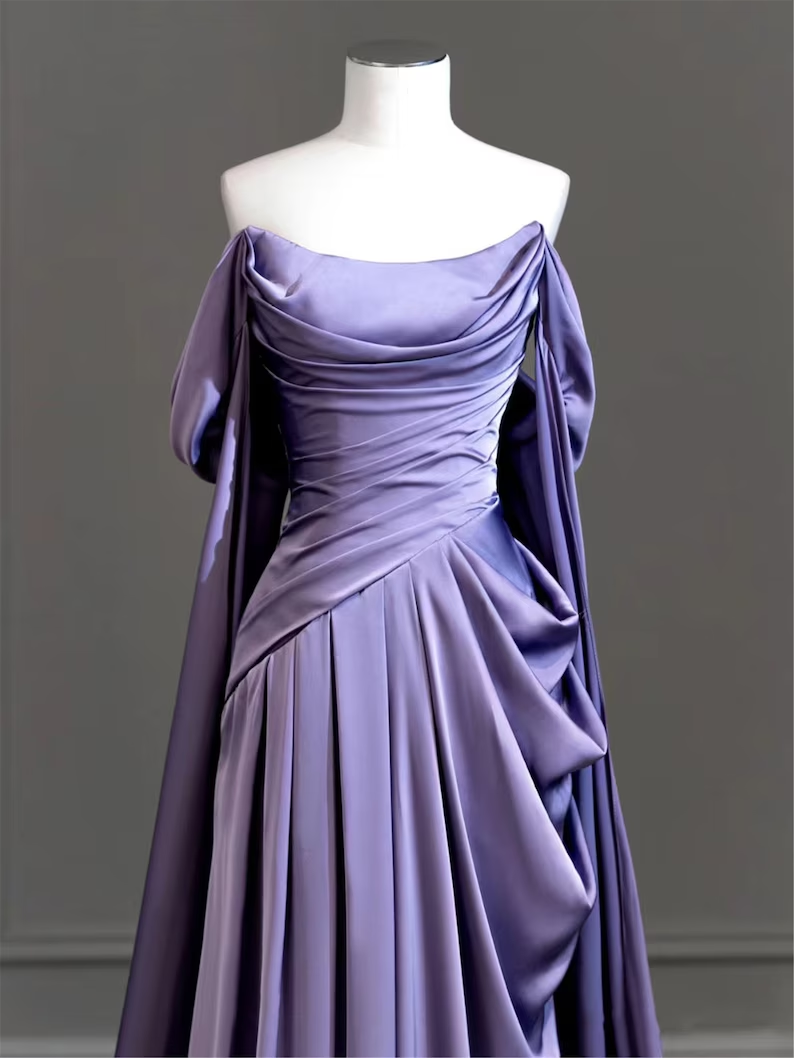 Vestido largo de fiesta modesto de satén morado, vestido de noche morado Y2589