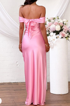 Vestido largo de noche de satén rosa con hombros descubiertos Y8093