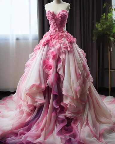 Precioso vestido de baile rosa con apliques de gasa, escote corazón y efecto degradado, modelo Y8524