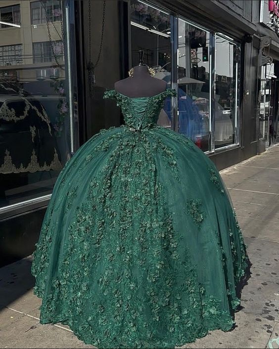 Vestido de princesa verde oscuro para quinceañera, fiesta de 15 años, apliques de encaje con flores 3D, vestido de cumpleaños Y4254