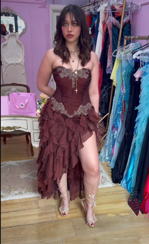 Vintage Hot Pink Lace Chiffon Ruffles Evening Dress Strapless Prom Dress Y8252