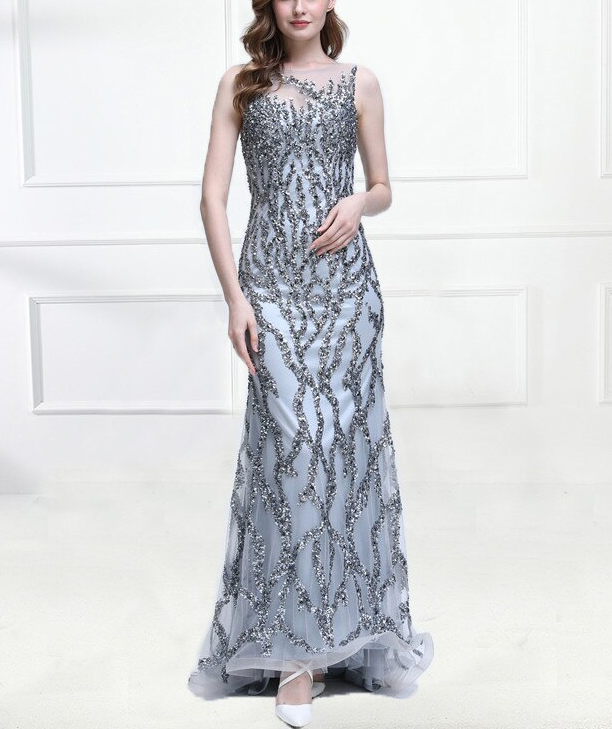 Increíble vestido de noche formal de sirena sexy con cuello redondo gris de lujo Y6670