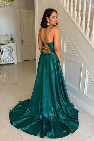 Robe de bal longue en satin vert, robe de soirée trapèze Y243